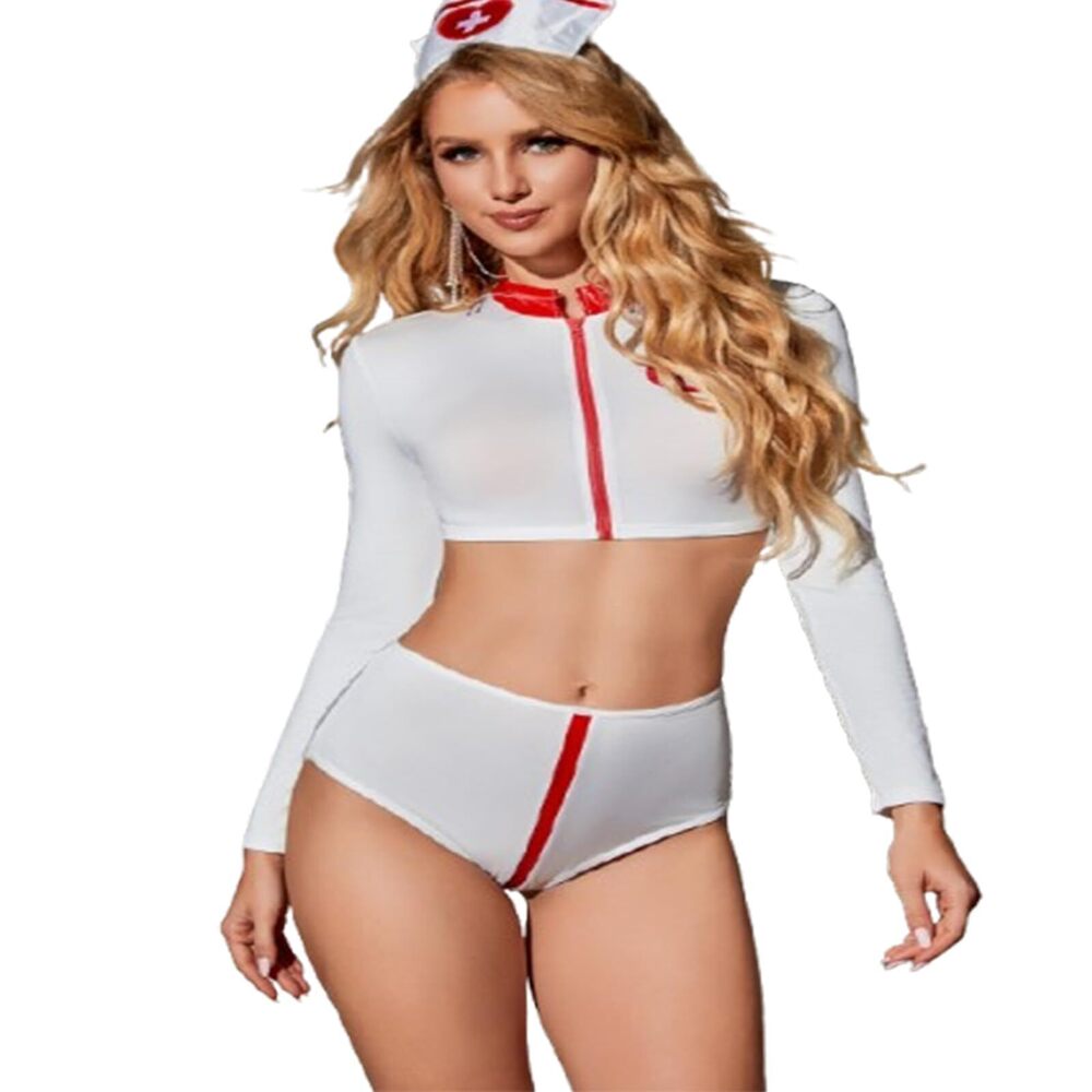 7052 Sexy Nurse Costume with Crop Top, High-Waisted Shorts & Hat – White &